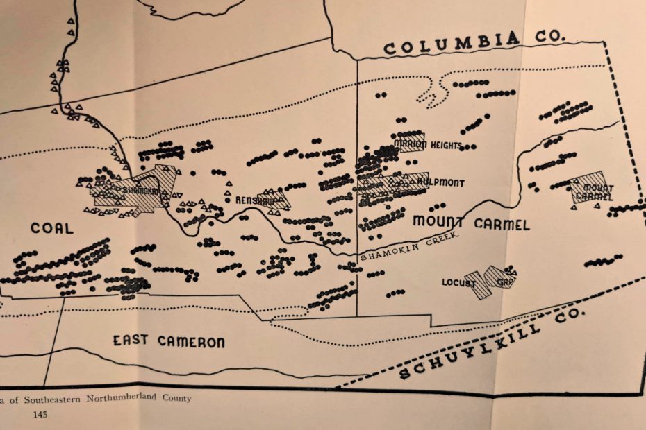 Map of bootleg coal mines in Northumberland County, 1937